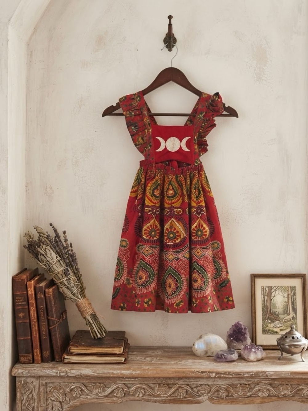 Little Moon Red Boho Floral Pinafore Dress with Moon Motif